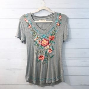 Caite V-Neck Floral Embroidered Short Sleeve Shirt